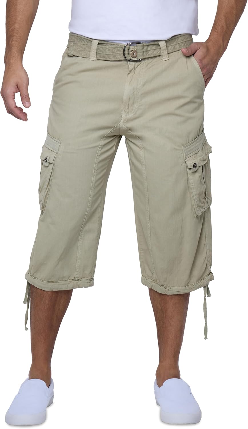 Men's Big and Tall Belted Long Cargo Shorts Below Knee 3/4 Pants - Picture 51 of 54