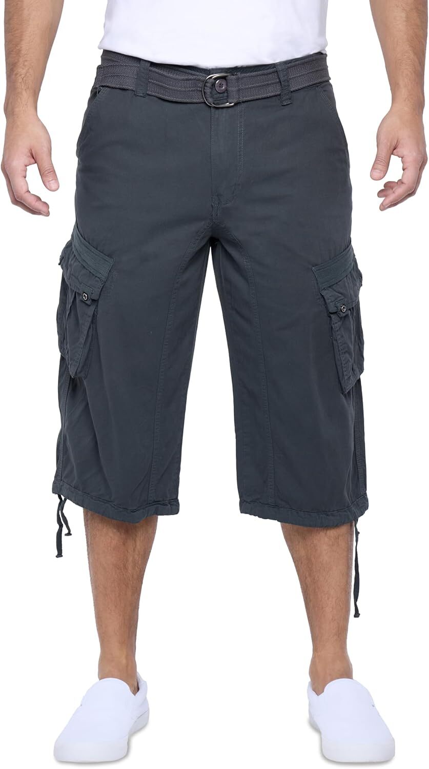Men's Big and Tall Belted Long Cargo Shorts Below Knee 3/4 Pants - Picture 52 of 54