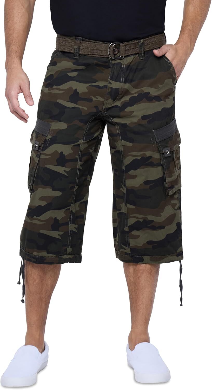 Men's Big and Tall Belted Long Cargo Shorts Below Knee 3/4 Pants - Picture 54 of 54
