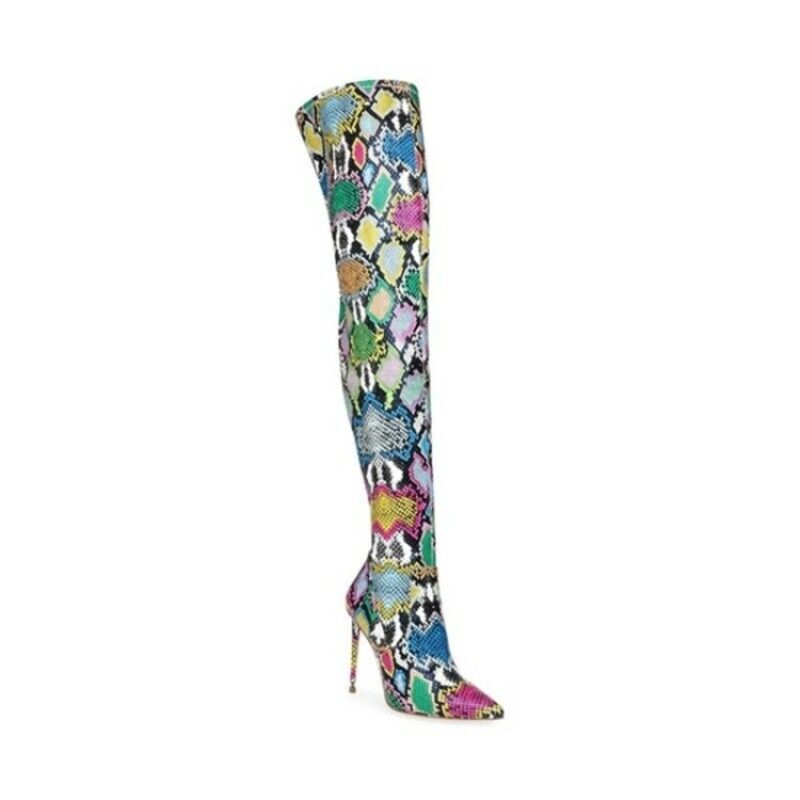 Women Snakeskin Printed Pointy Toe Over the knee Boots Stiletto High Heels Shoes - Picture 15 of 16