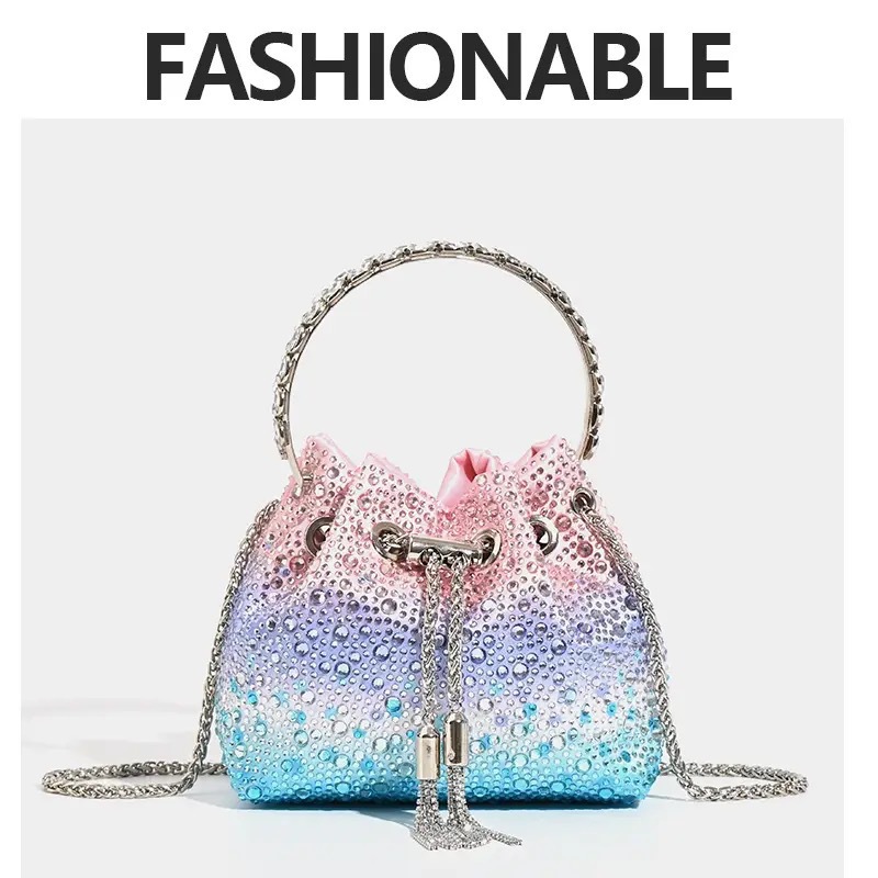 Evening Clutch Bag Multicolor Crystal Bucket Purse with Tassel Messenger Bag - Picture 21 of 26