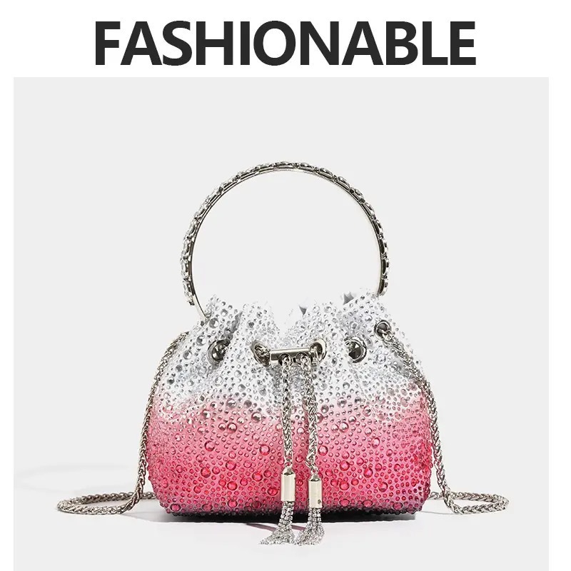 Evening Clutch Bag Multicolor Crystal Bucket Purse with Tassel Messenger Bag - Picture 22 of 26