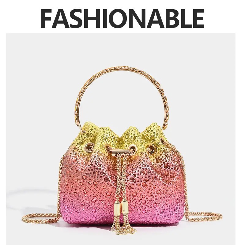 Evening Clutch Bag Multicolor Crystal Bucket Purse with Tassel Messenger Bag - Picture 23 of 26
