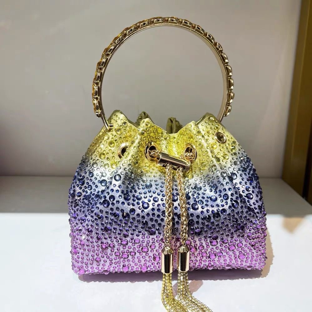 Evening Clutch Bag Multicolor Crystal Bucket Purse with Tassel Messenger Bag - Picture 24 of 26