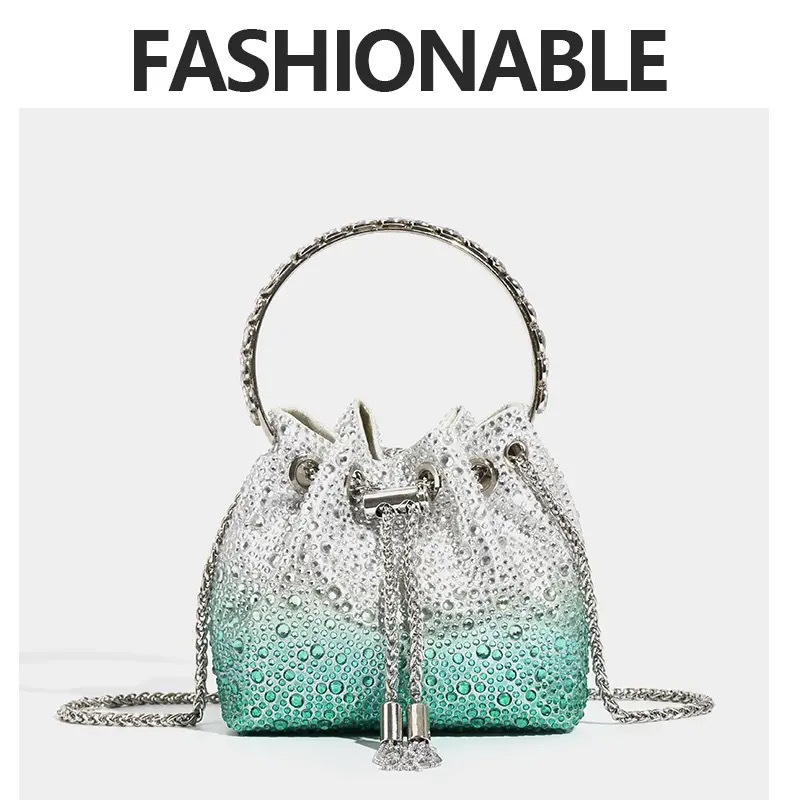 Evening Clutch Bag Multicolor Crystal Bucket Purse with Tassel Messenger Bag - Picture 25 of 26