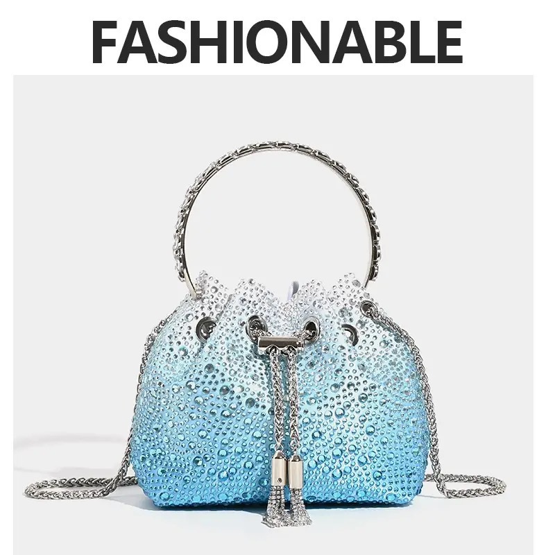 Evening Clutch Bag Multicolor Crystal Bucket Purse with Tassel Messenger Bag - Picture 26 of 26