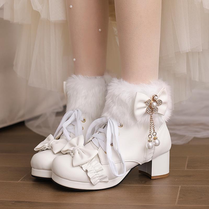 Lolita Ankle Boots Block Heel Round Toe Furry Womens Bowknot Side Zip Shoes - Picture 1 of 23