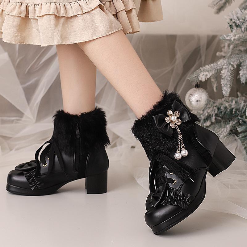 Lolita Ankle Boots Block Heel Round Toe Furry Womens Bowknot Side Zip Shoes - Picture 3 of 23