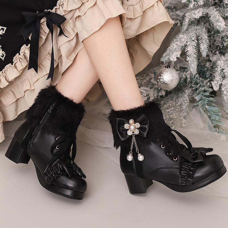 Lolita Ankle Boots Block Heel Round Toe Furry Womens Bowknot Side Zip Shoes - Picture 4 of 23