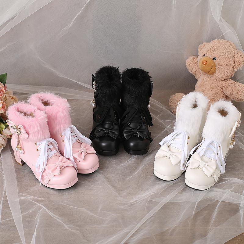 Lolita Ankle Boots Block Heel Round Toe Furry Womens Bowknot Side Zip Shoes - Picture 7 of 23