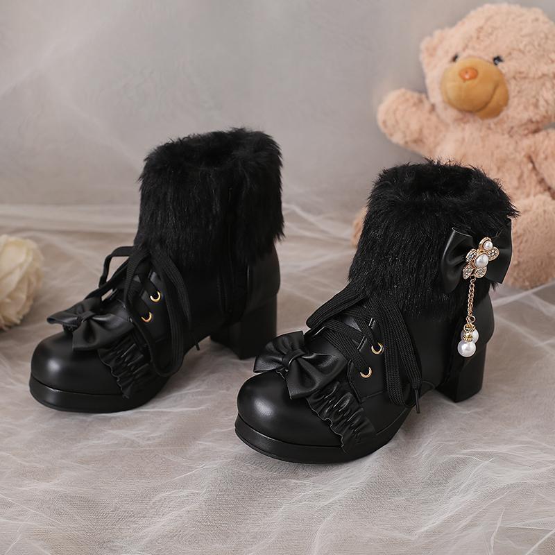 Lolita Ankle Boots Block Heel Round Toe Furry Womens Bowknot Side Zip Shoes - Picture 9 of 23