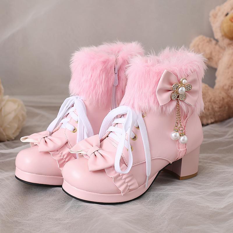 Lolita Ankle Boots Block Heel Round Toe Furry Womens Bowknot Side Zip Shoes - Picture 11 of 23