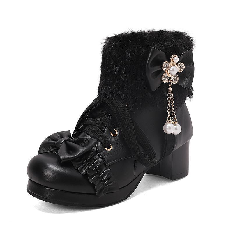 Lolita Ankle Boots Block Heel Round Toe Furry Womens Bowknot Side Zip Shoes - Picture 14 of 23