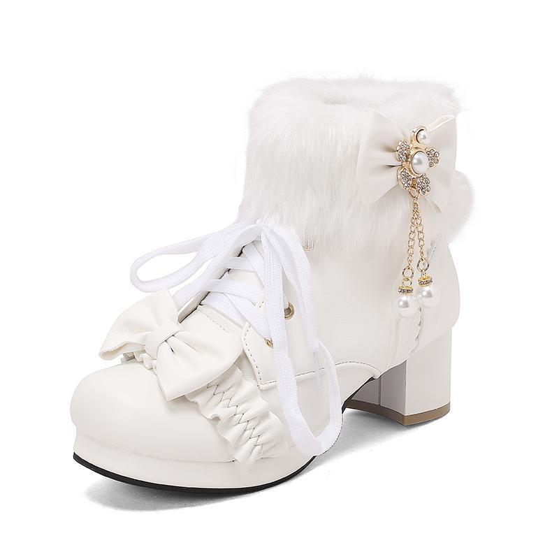 Lolita Ankle Boots Block Heel Round Toe Furry Womens Bowknot Side Zip Shoes - Picture 16 of 23