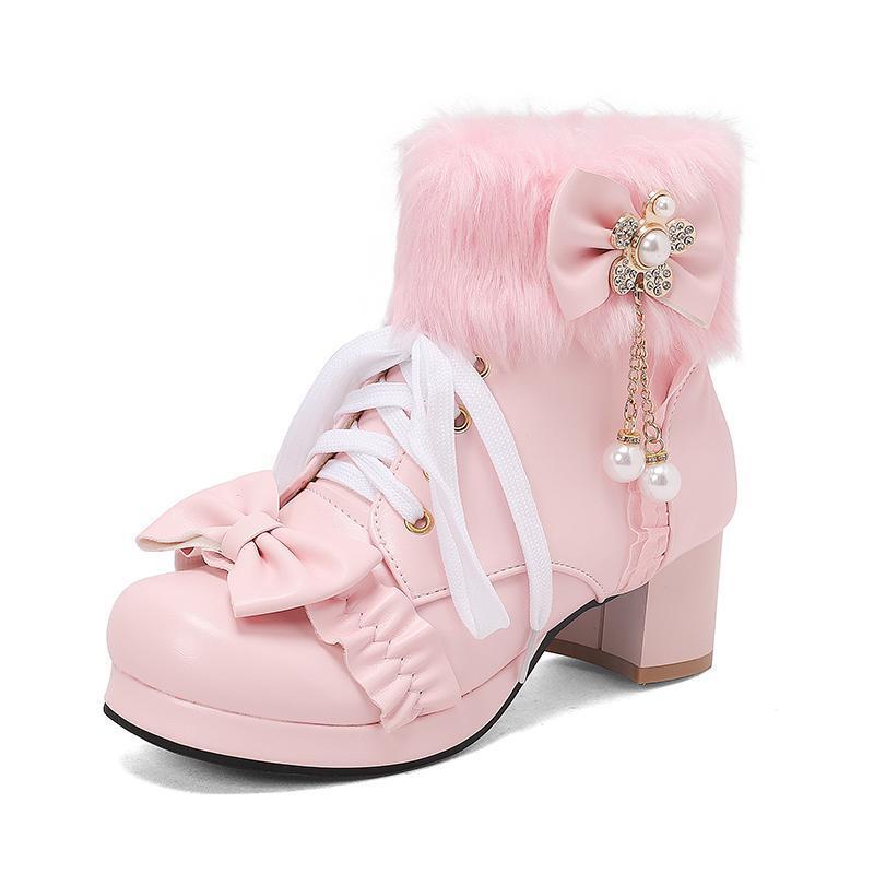 Lolita Ankle Boots Block Heel Round Toe Furry Womens Bowknot Side Zip Shoes - Picture 19 of 23