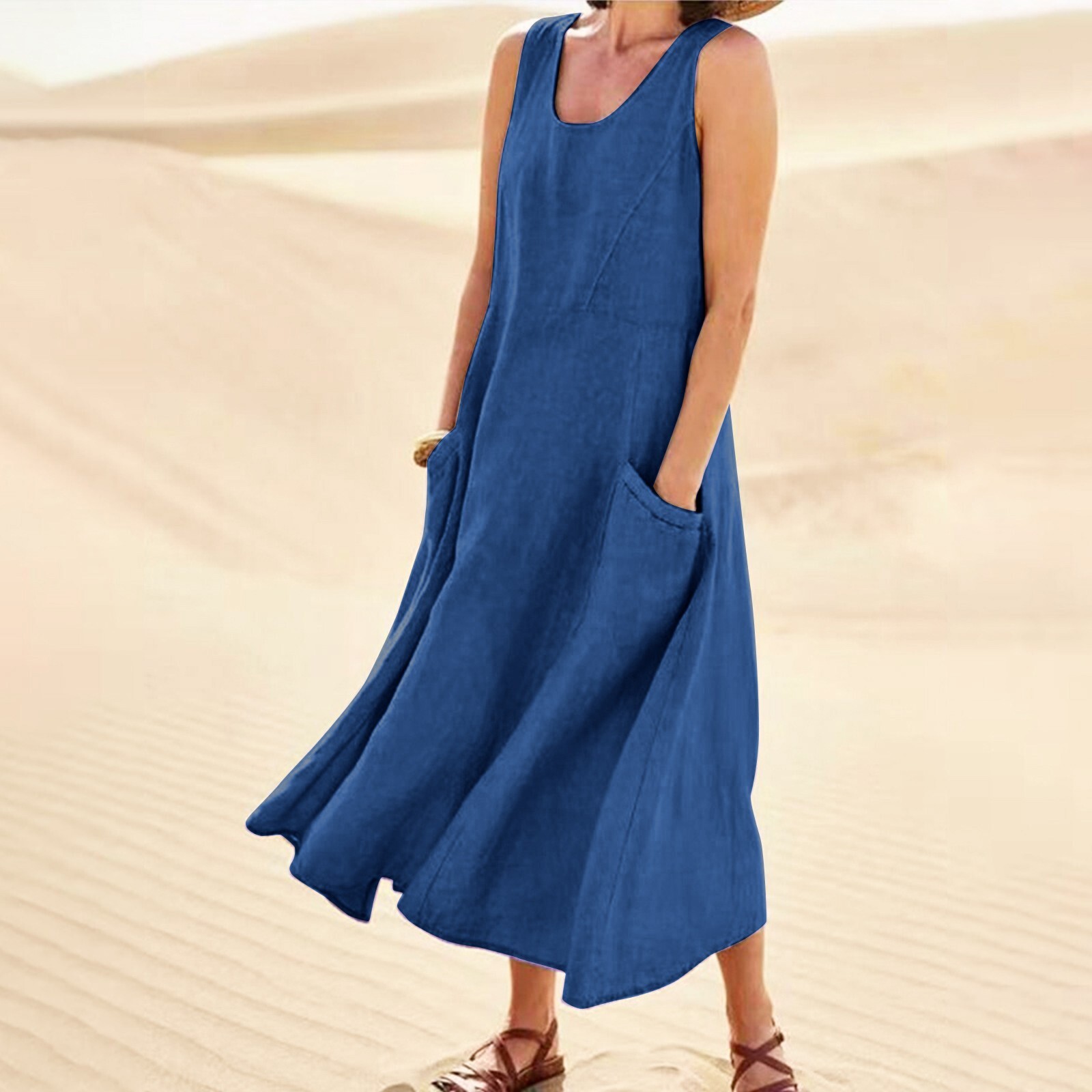 Women's Sleeveless Cotton and Linen Dress Summer Solid Pocket Round Neck Dress