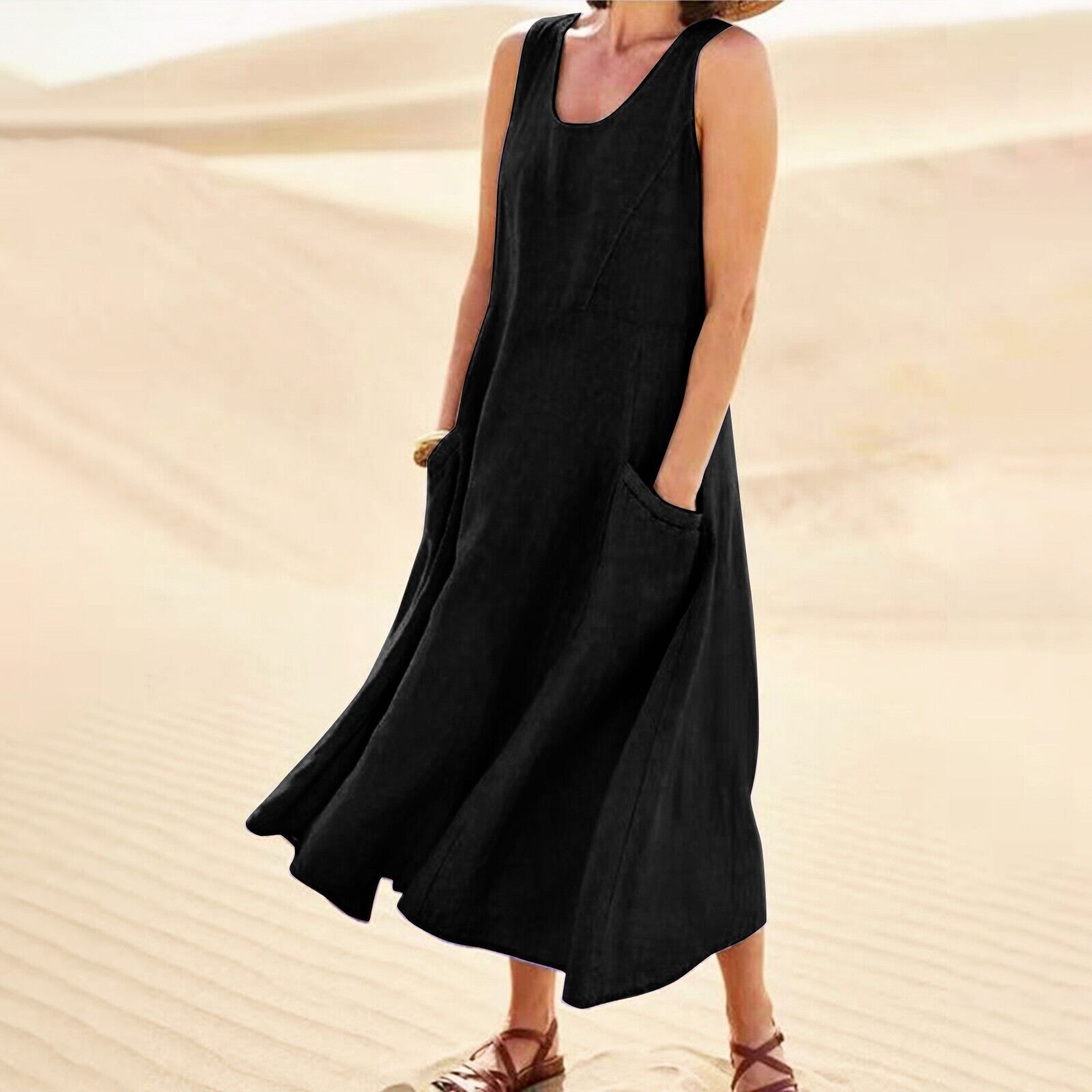 Women's Sleeveless Cotton and Linen Dress Summer Solid Pocket Round Neck Dress - Picture 30 of 32