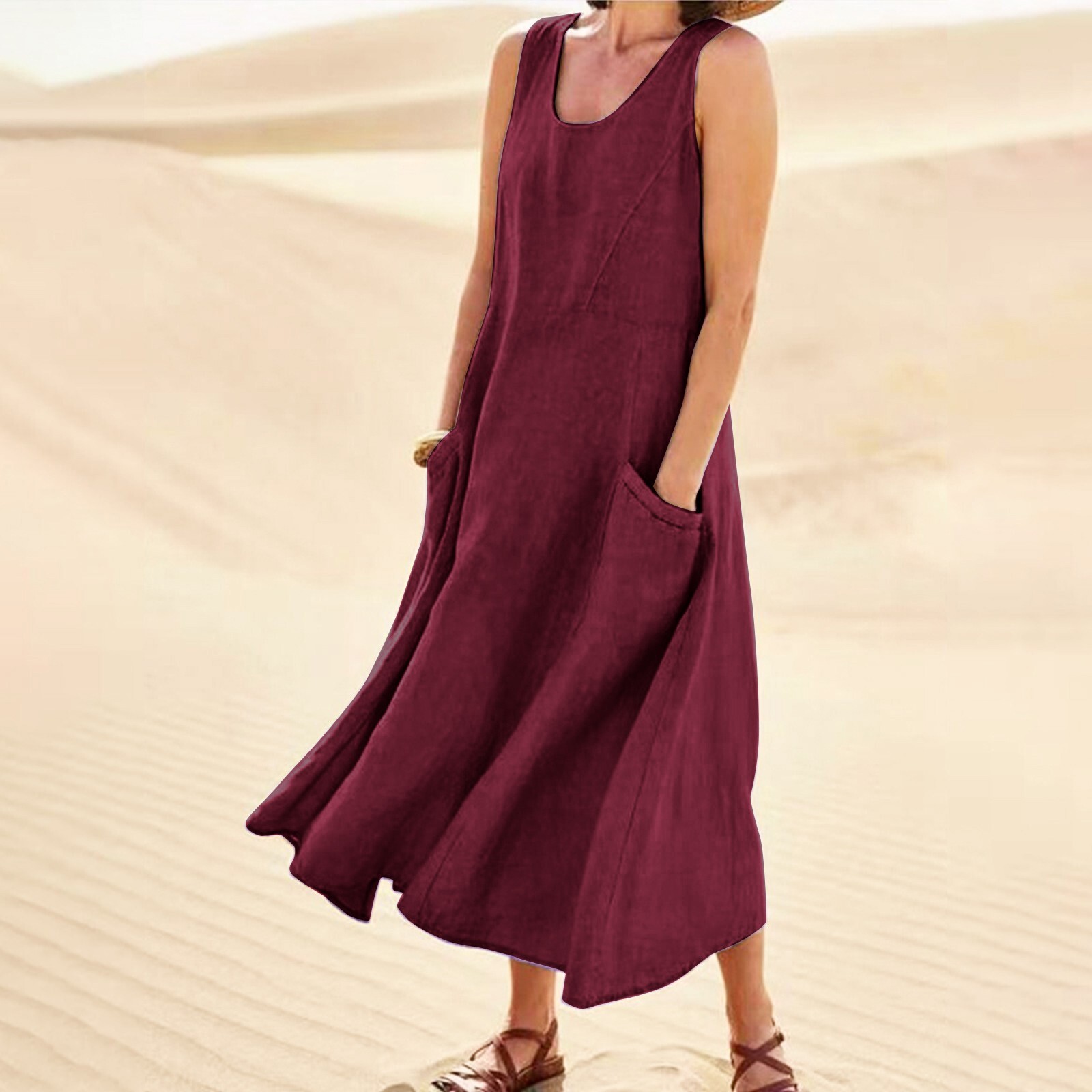 Women's Sleeveless Cotton and Linen Dress Summer Solid Pocket Round Neck Dress - Picture 32 of 32
