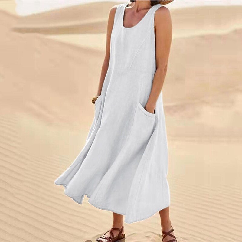 Women's Sleeveless Cotton and Linen Dress Summer Solid Pocket Round Neck Dress