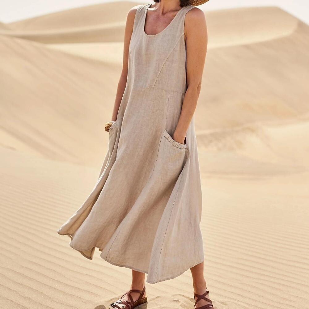 Women's Sleeveless Cotton and Linen Dress Summer Solid Pocket Round Neck Dress - Picture 23 of 32