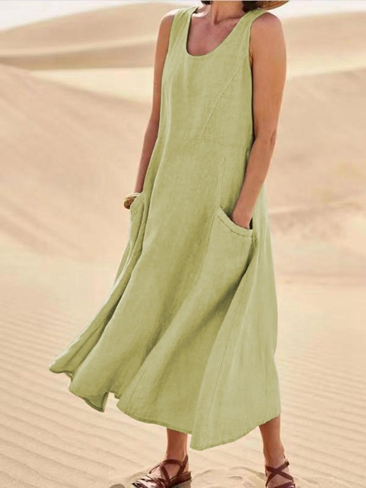 Women's Sleeveless Cotton and Linen Dress Summer Solid Pocket Round Neck Dress