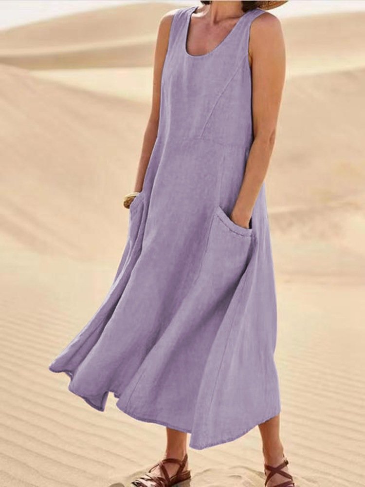 Women's Sleeveless Cotton and Linen Dress Summer Solid Pocket Round Neck Dress - Picture 27 of 32