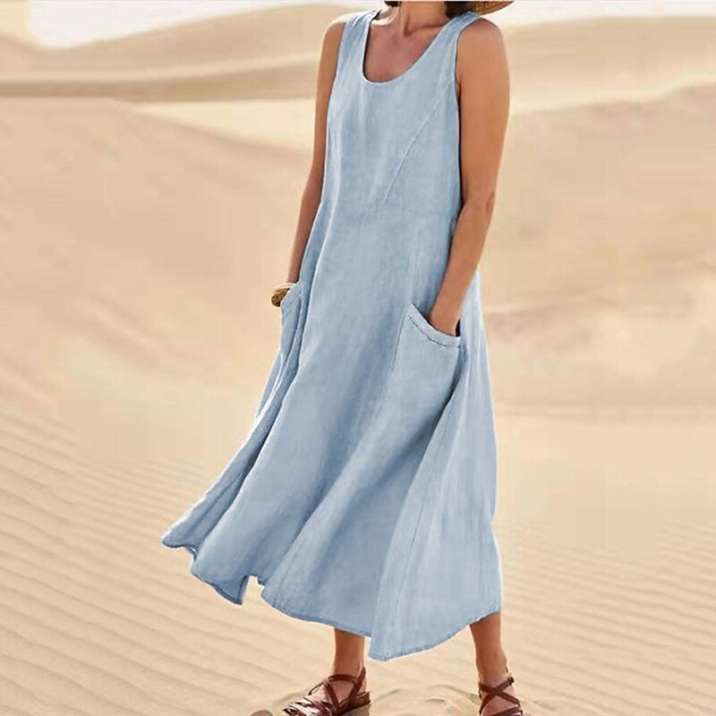 Women's Sleeveless Cotton and Linen Dress Summer Solid Pocket Round Neck Dress - Picture 28 of 32