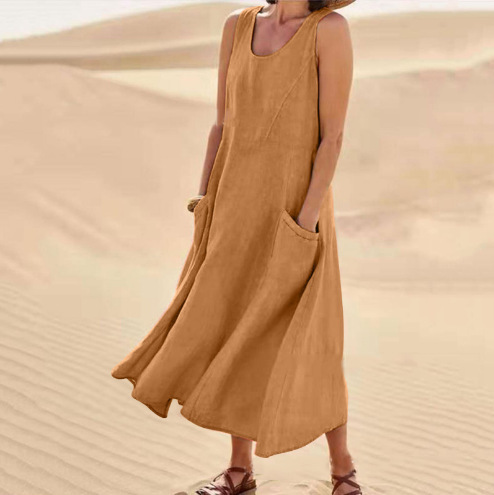 Women's Sleeveless Cotton and Linen Dress Summer Solid Pocket Round Neck Dress - Picture 29 of 32
