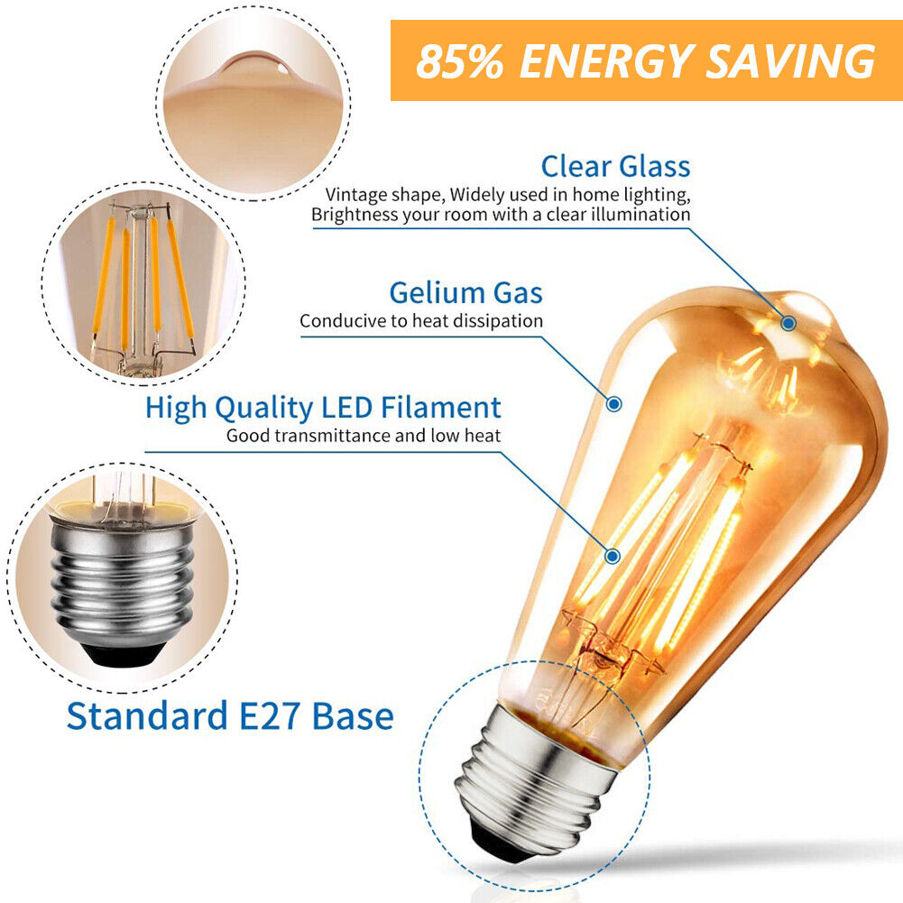 1/6x Vintage E27 ST64 Filament LED Light Bulb 4W Industrial Edison Lamp Warm Whi - Picture 6 of 24