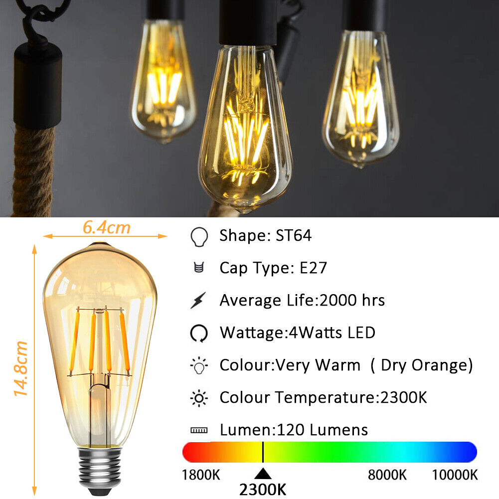 1/6x Vintage E27 ST64 Filament LED Light Bulb 4W Industrial Edison Lamp Warm Whi - Picture 14 of 24