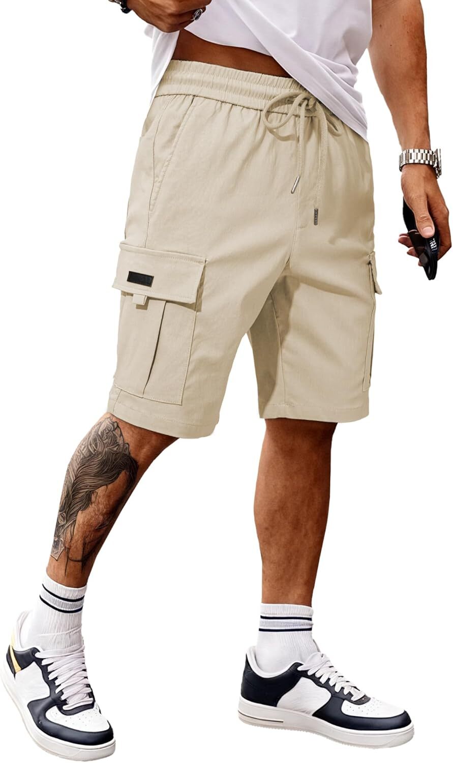 Men's Cargo Shorts Stretch Drawstring Elastic Waist Multi Pockets Summer Work - Picture 17 of 26