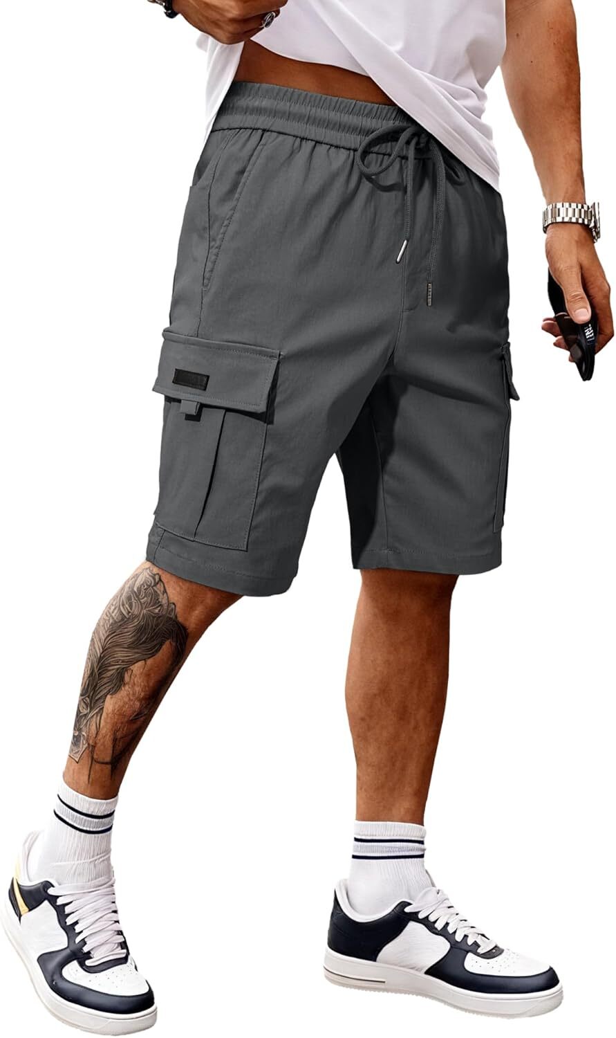 Men's Cargo Shorts Stretch Drawstring Elastic Waist Multi Pockets Summer Work - Picture 19 of 26