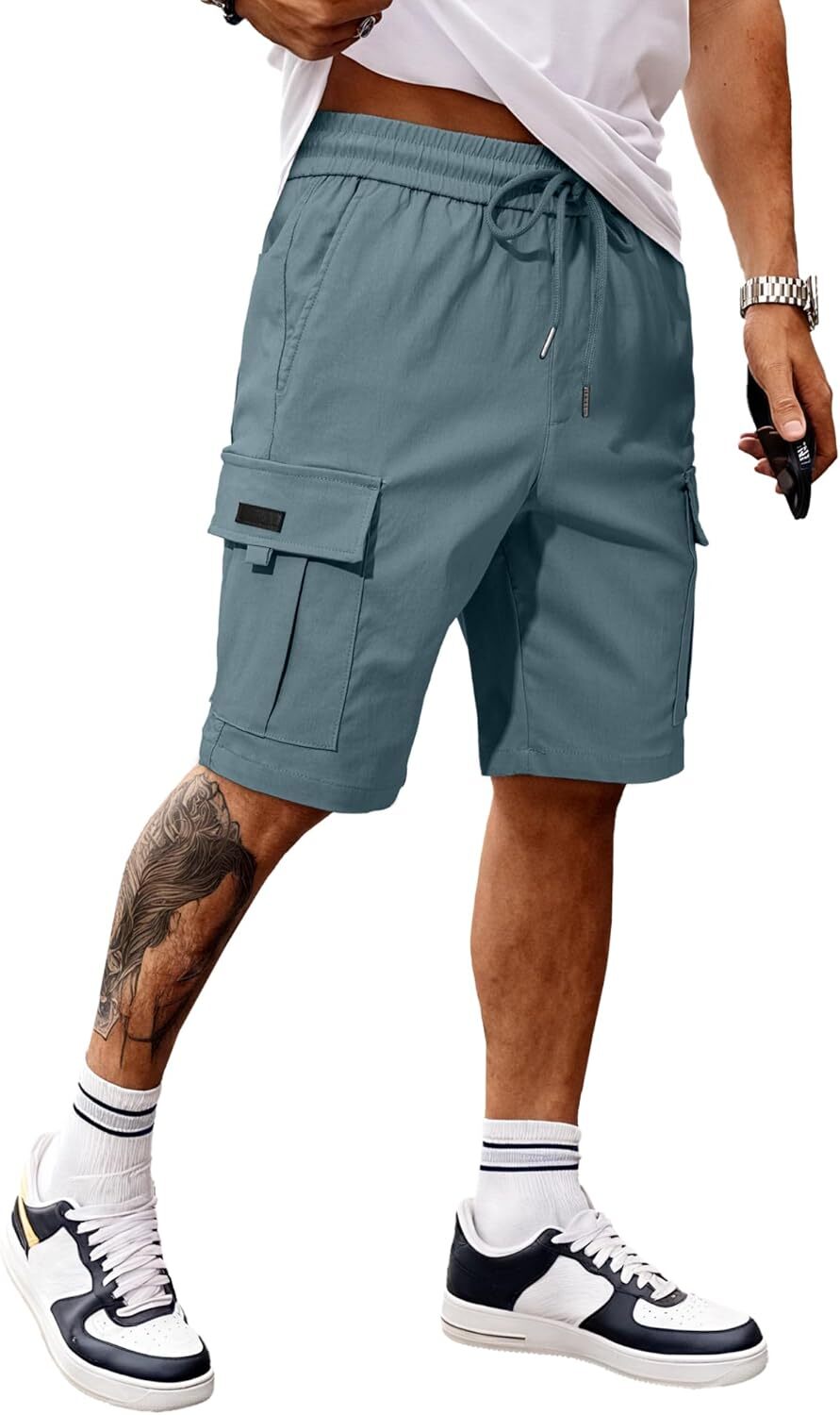 Men's Cargo Shorts Stretch Drawstring Elastic Waist Multi Pockets Summer Work - Picture 23 of 26