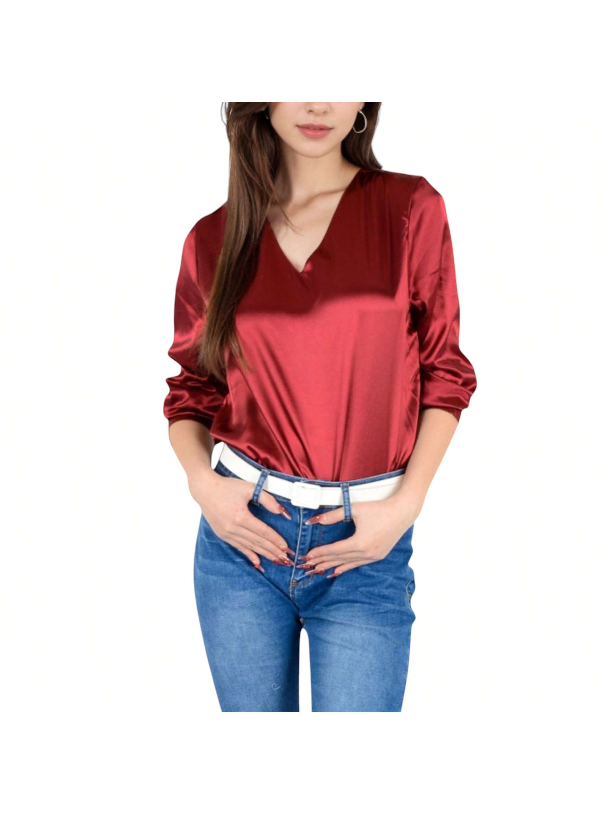 Women's Satin Blouse With V-Neckline And Long Sleeves - Picture 25 of 28