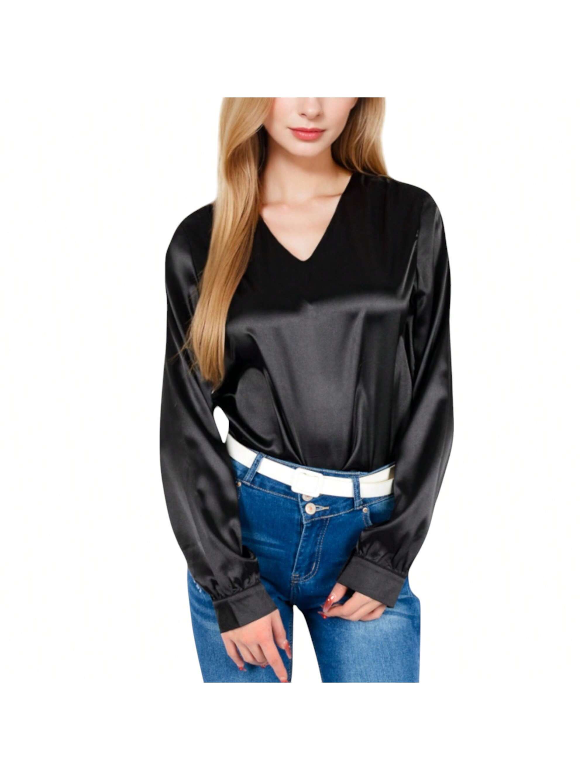 Women's Satin Blouse With V-Neckline And Long Sleeves - Picture 26 of 28
