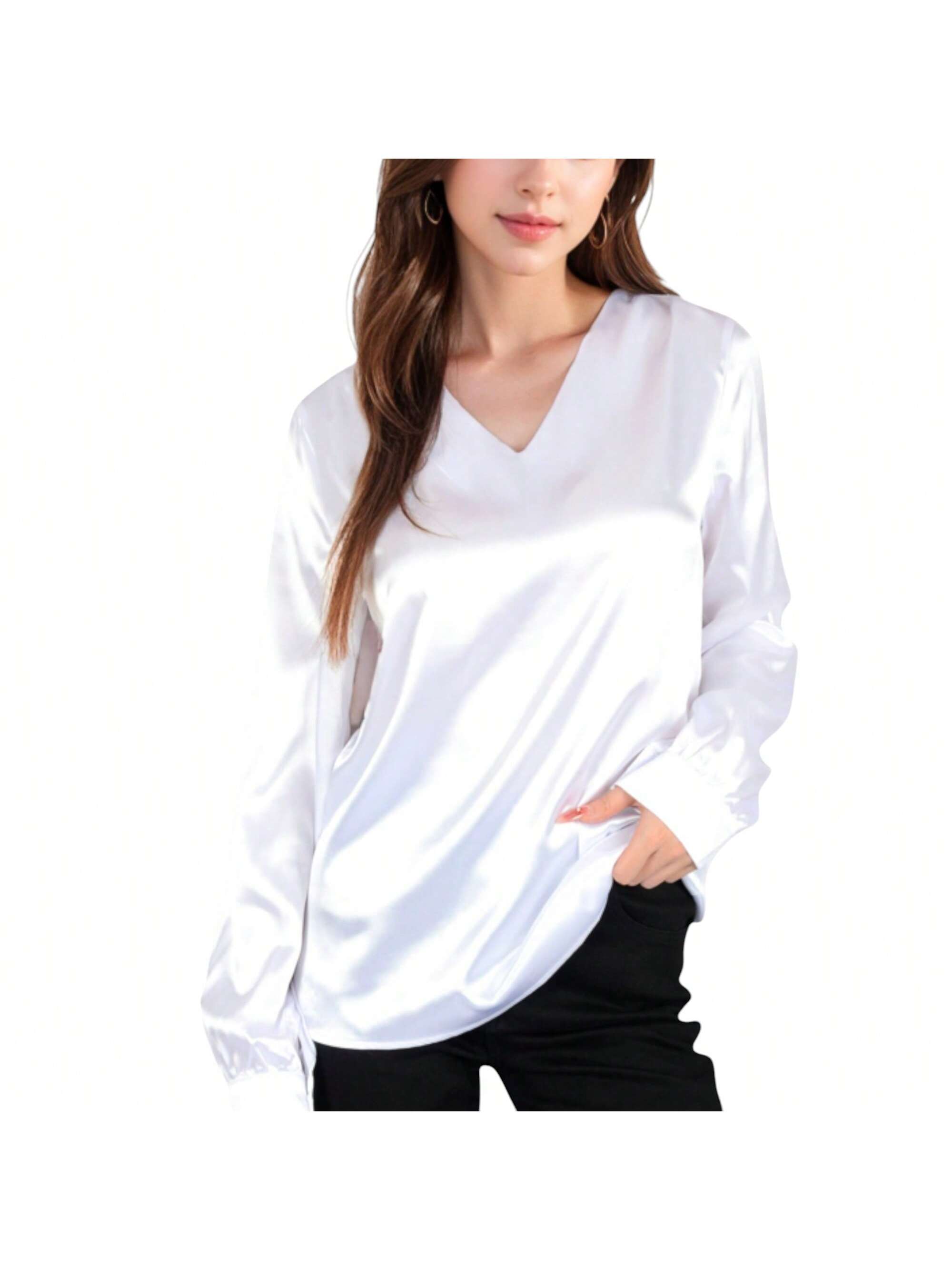 Women's Satin Blouse With V-Neckline And Long Sleeves - Picture 27 of 28