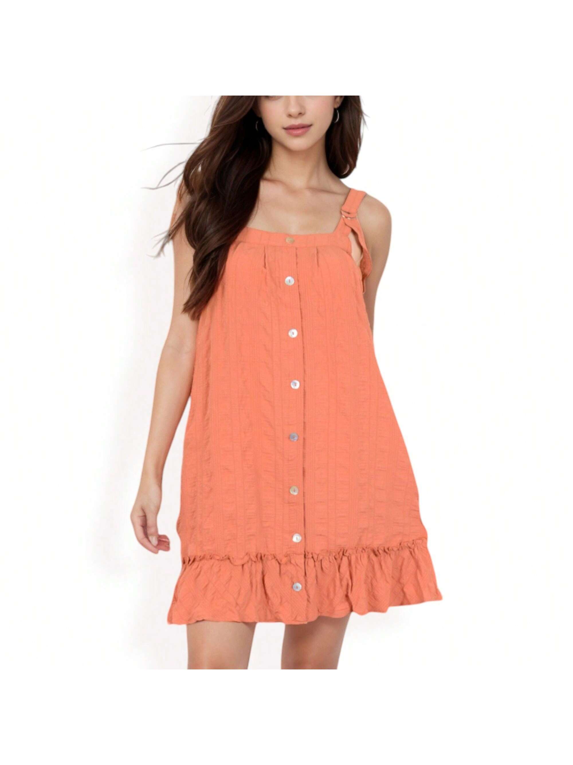 Women&rsquo;s Ruffled Button Down Mini Dress With Adjustable Straps And Textured Fabri
