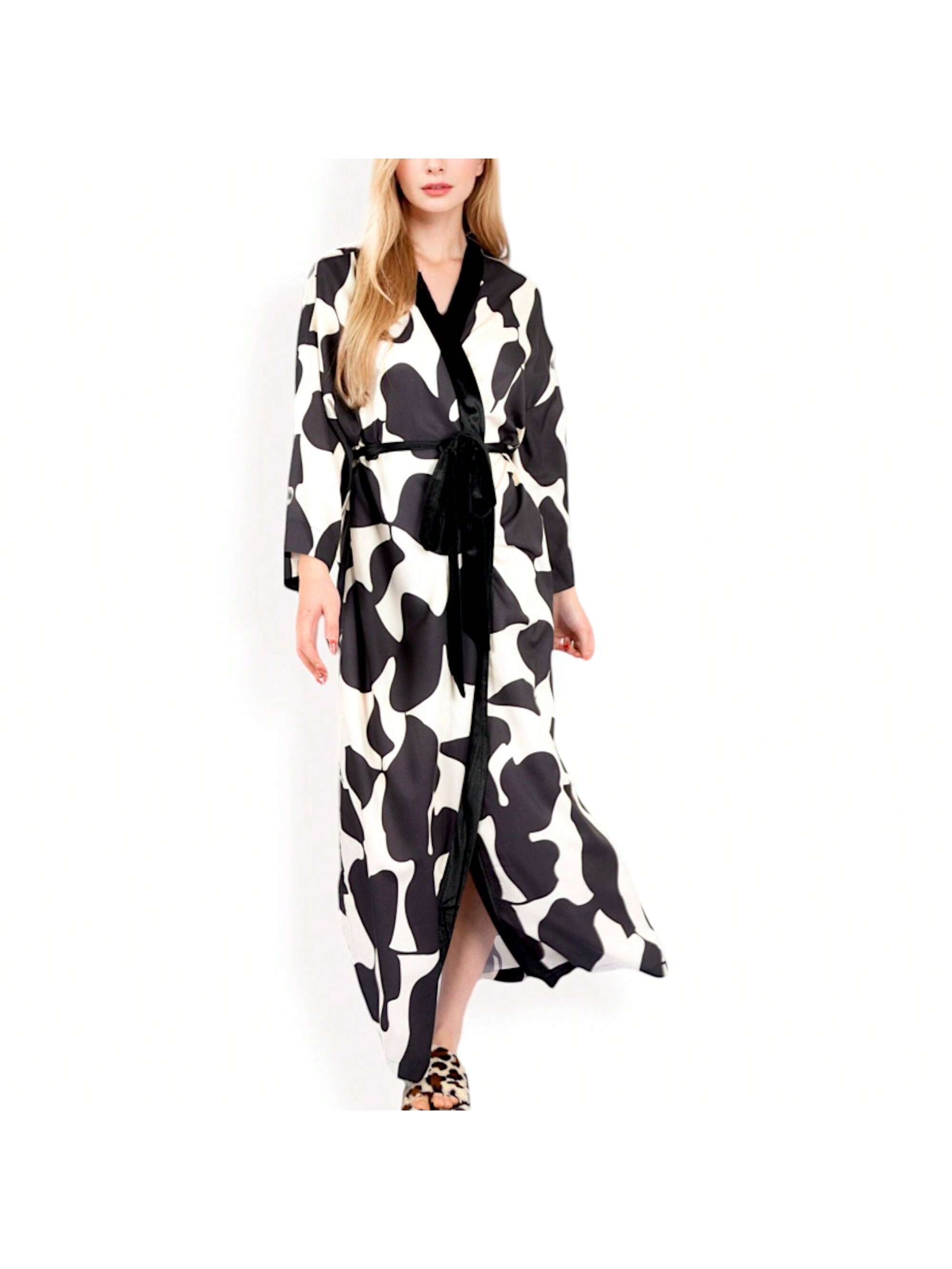 Women's Abstract Print Satin Duster Robe With Velvet Trim And Tie Waist - Picture 8 of 8