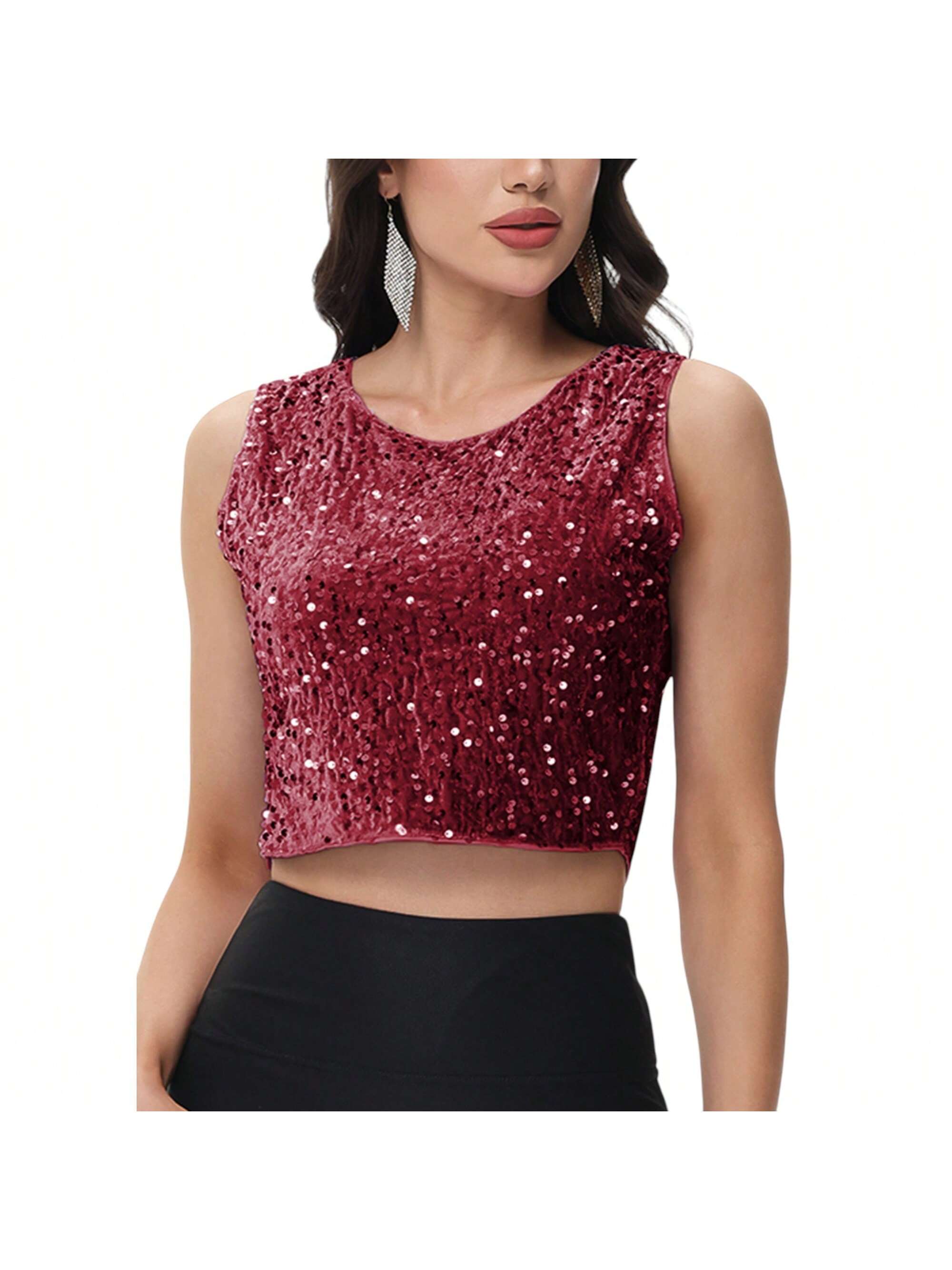 Women's Sequin Sleeveless Tops Sparkle Glitter Crew Neck Club Party Nightout Cro - Picture 26 of 33