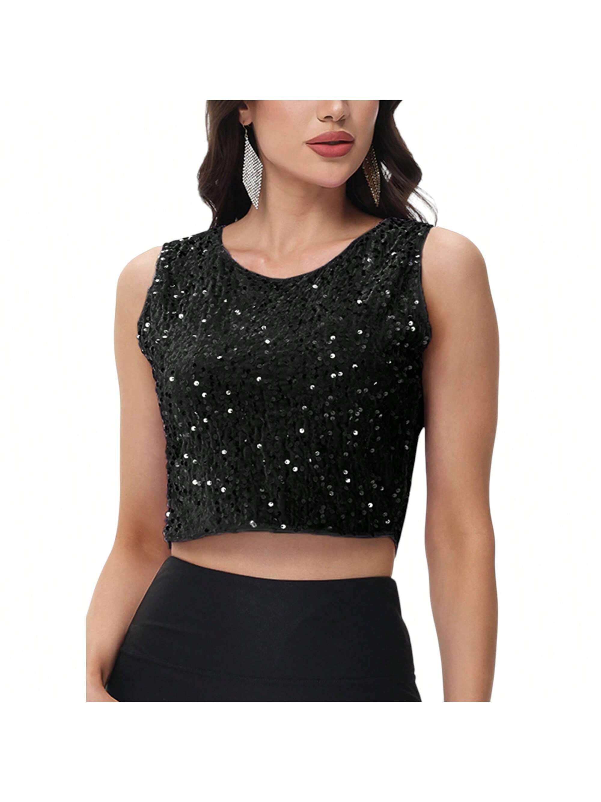 Women's Sequin Sleeveless Tops Sparkle Glitter Crew Neck Club Party Nightout Cro - Picture 25 of 33