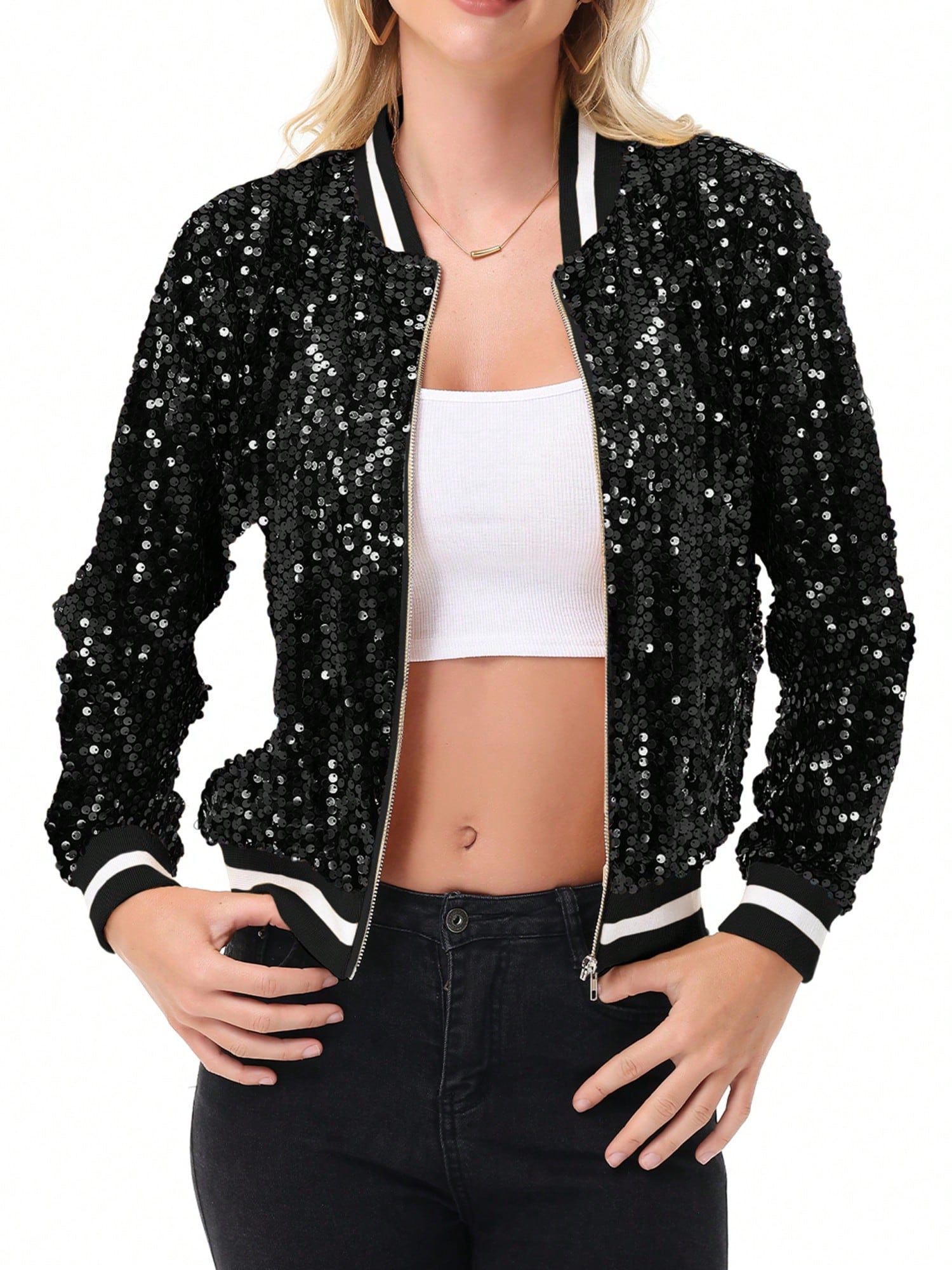 Women's Sparkly Sequin Jacket Long Sleeve Zipper Glitter Bomber Jacket Coat With - Picture 35 of 35