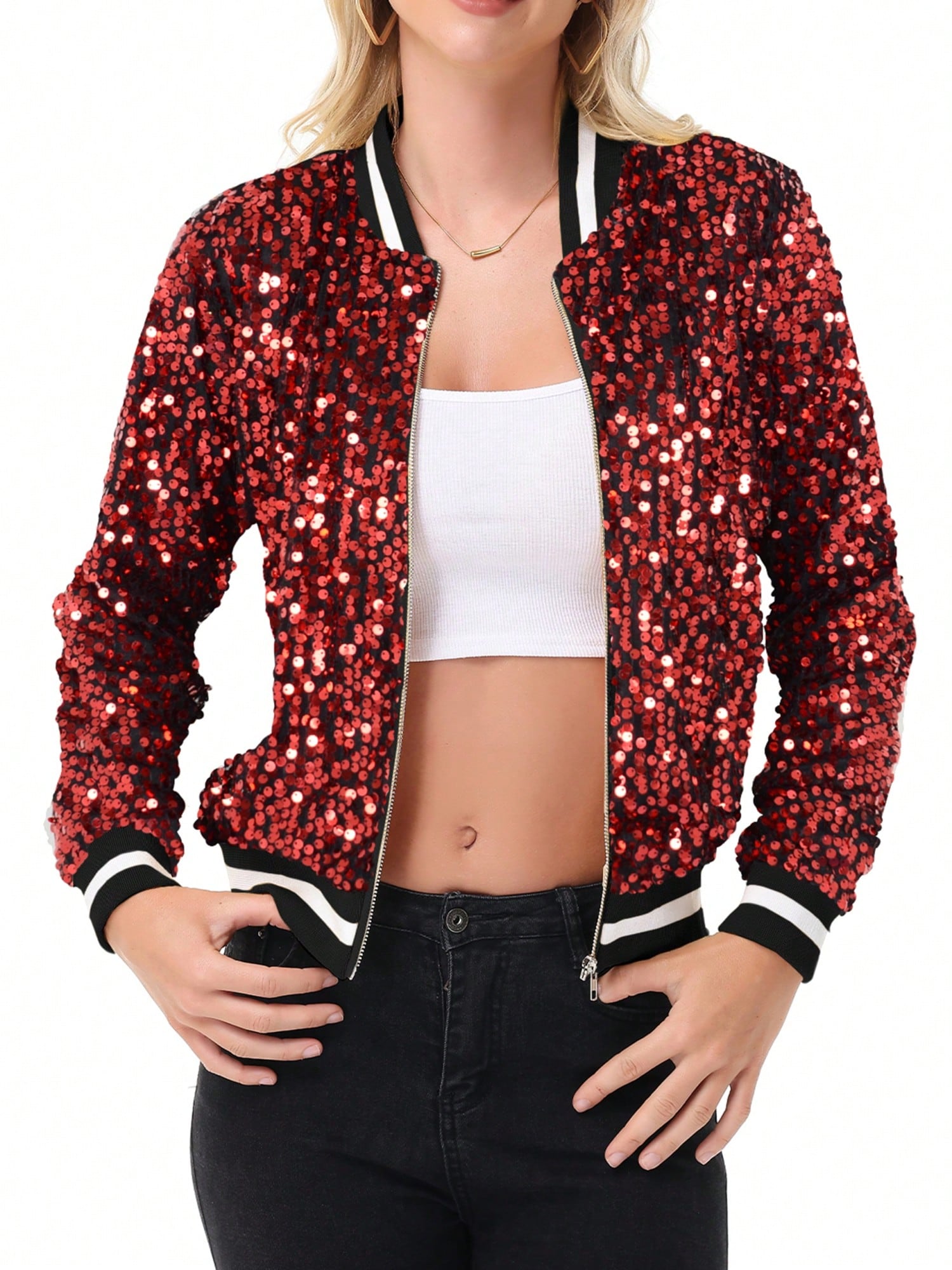 Women's Sparkly Sequin Jacket Long Sleeve Zipper Glitter Bomber Jacket Coat With - Picture 25 of 35