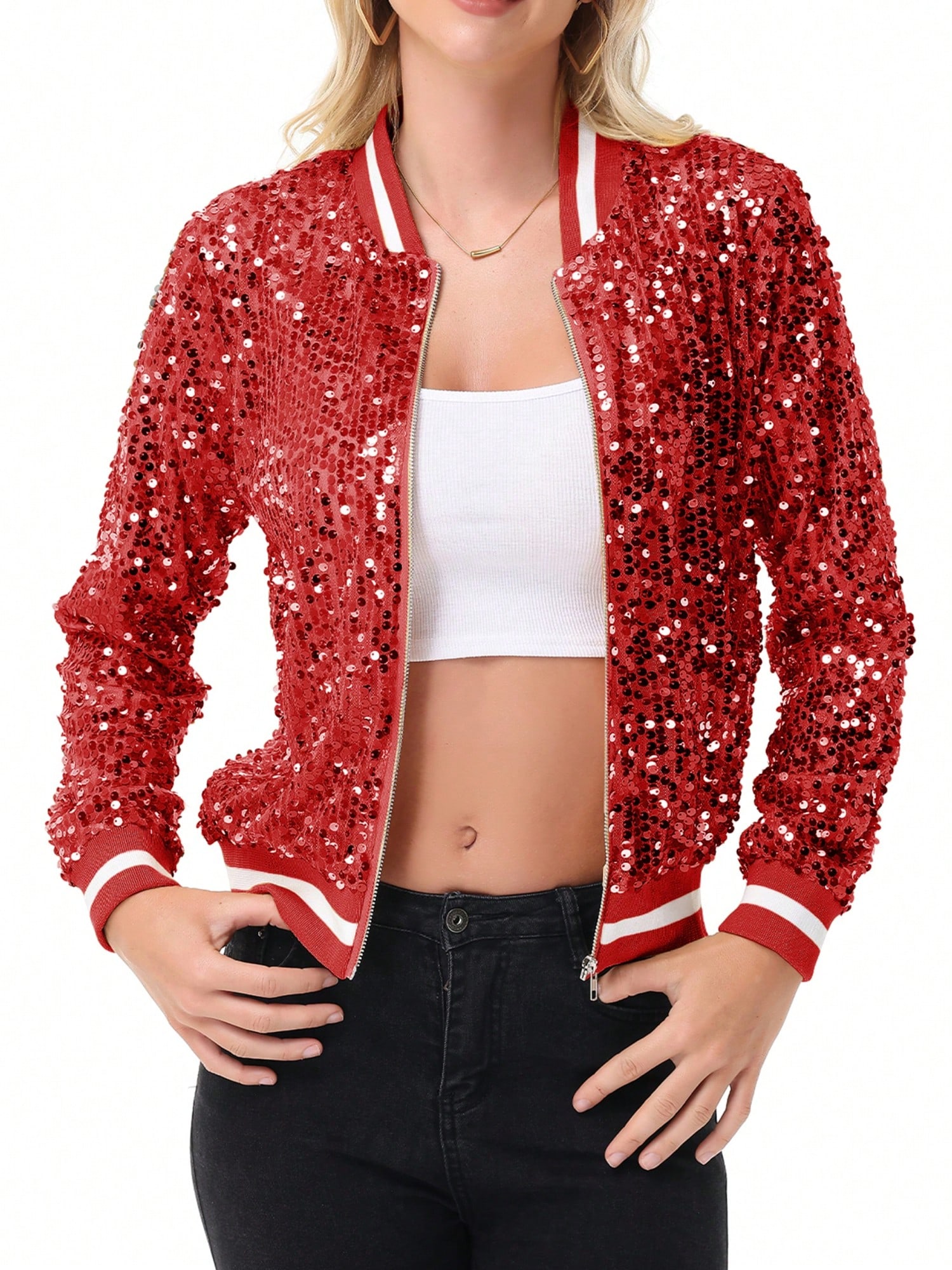 Women's Sparkly Sequin Jacket Long Sleeve Zipper Glitter Bomber Jacket Coat With - Picture 26 of 35