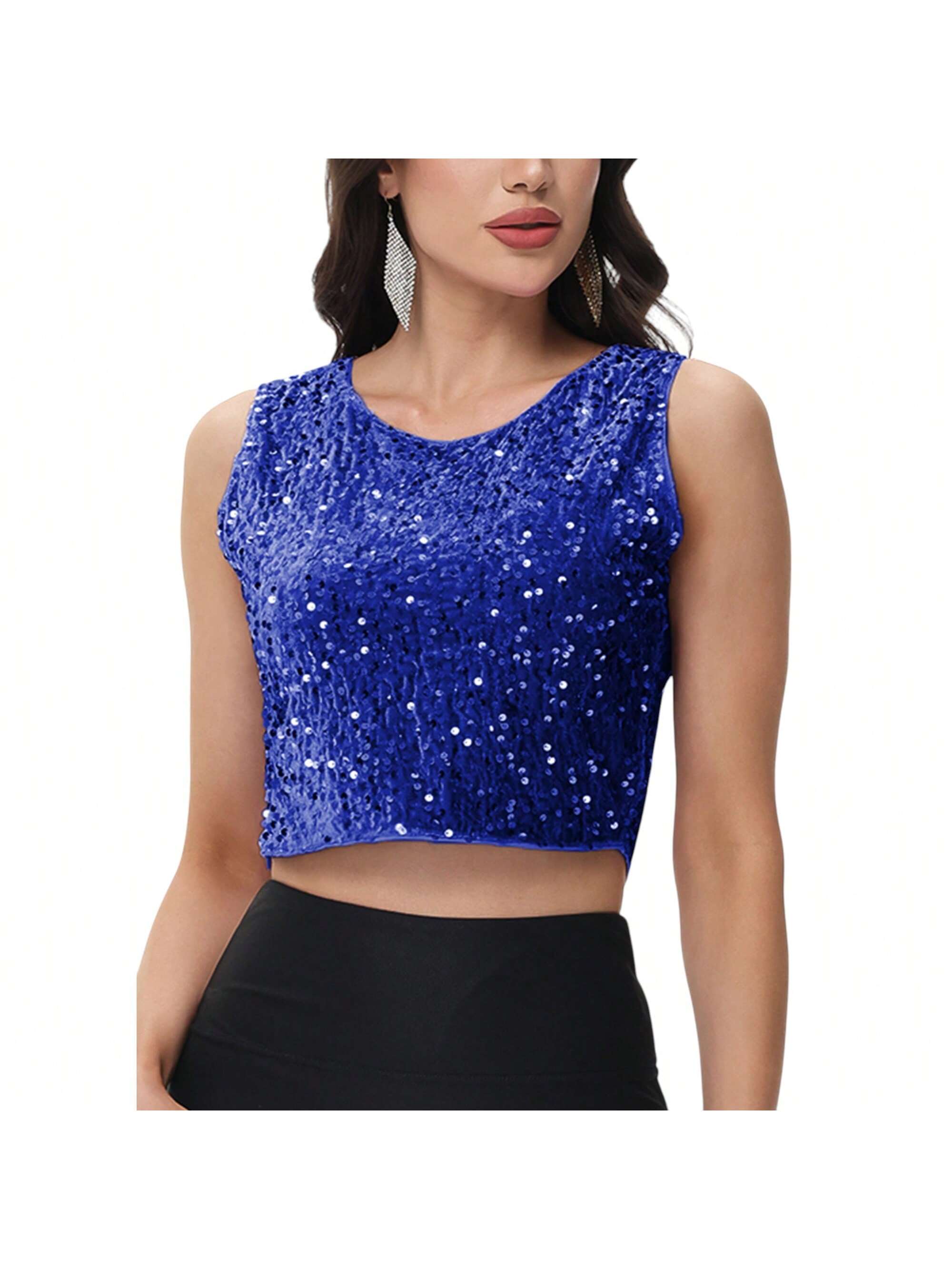 Women's Sequin Sleeveless Tops Sparkle Glitter Crew Neck Club Party Nightout Cro - Picture 28 of 33