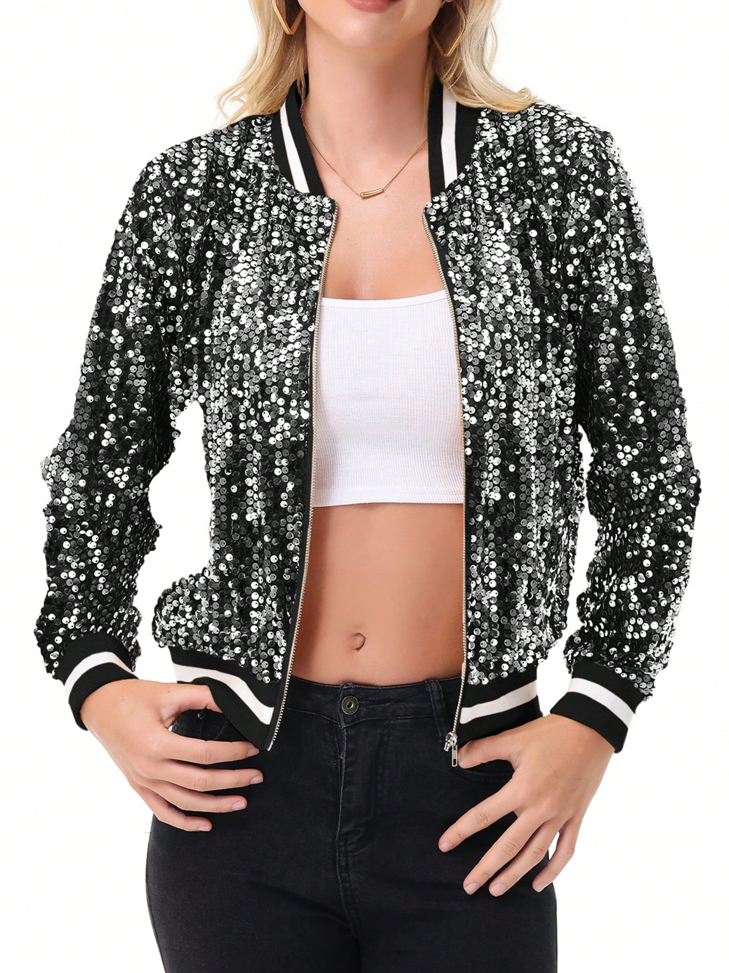 Women's Sparkly Sequin Jacket Long Sleeve Zipper Glitter Bomber Jacket Coat With - Picture 27 of 35