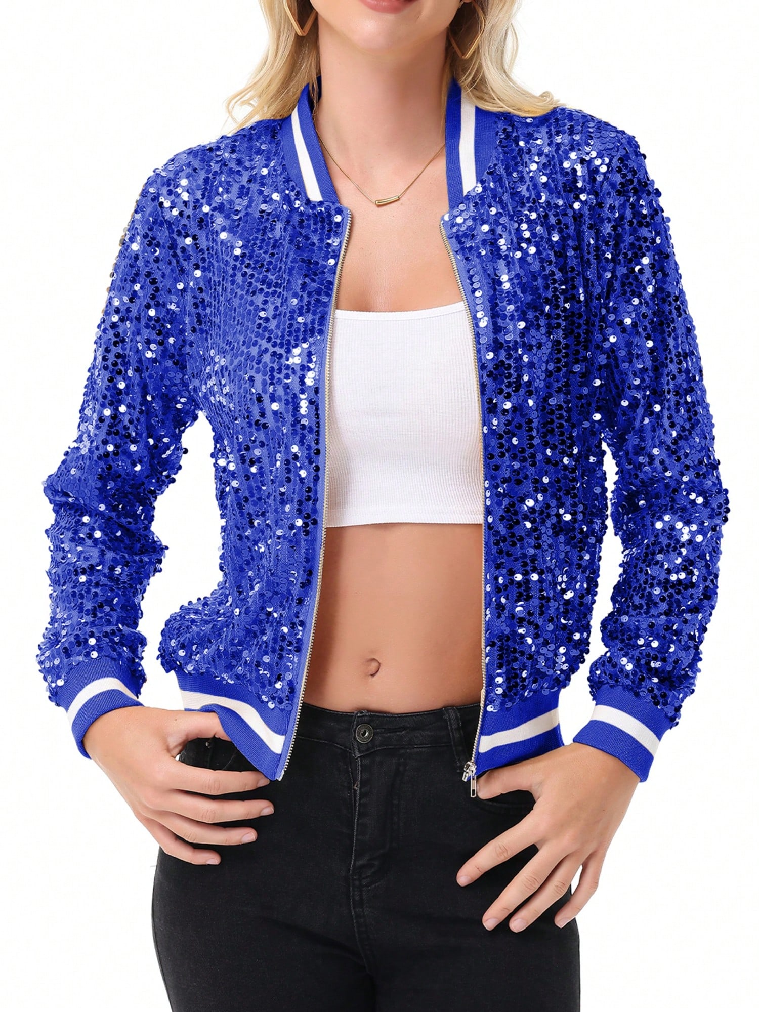 Women's Sparkly Sequin Jacket Long Sleeve Zipper Glitter Bomber Jacket Coat With - Picture 28 of 35