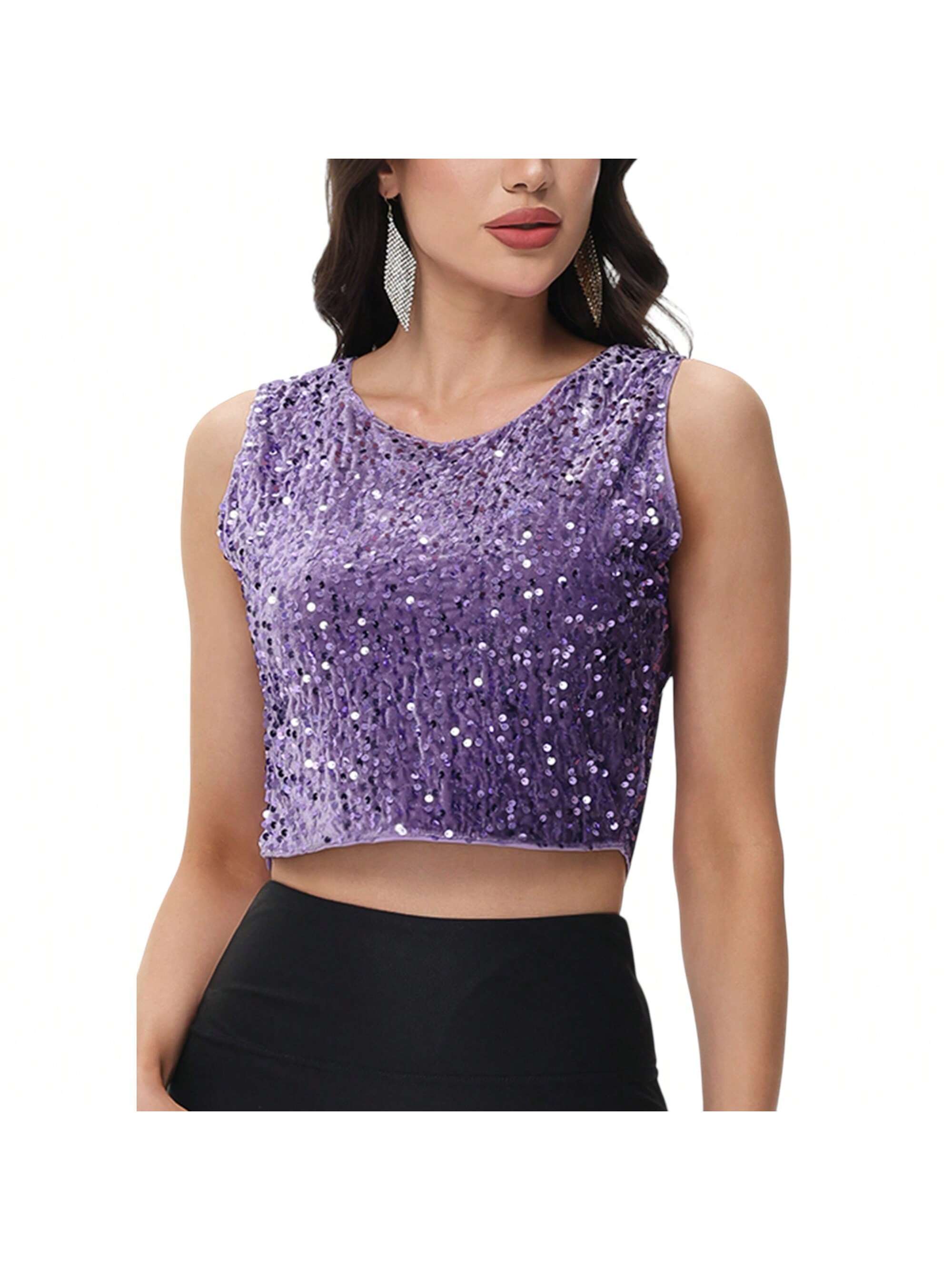 Women's Sequin Sleeveless Tops Sparkle Glitter Crew Neck Club Party Nightout Cro - Picture 29 of 33