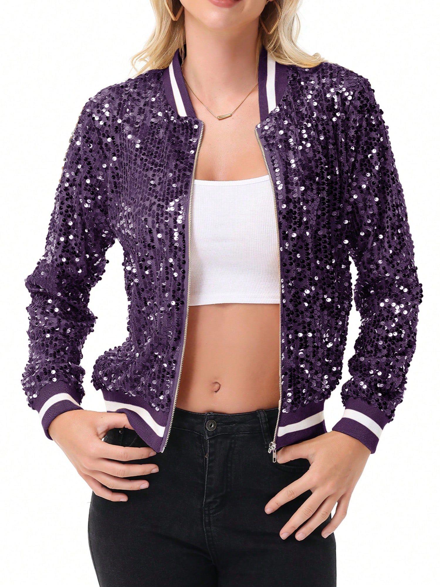 Women's Sparkly Sequin Jacket Long Sleeve Zipper Glitter Bomber Jacket Coat With - Picture 29 of 35