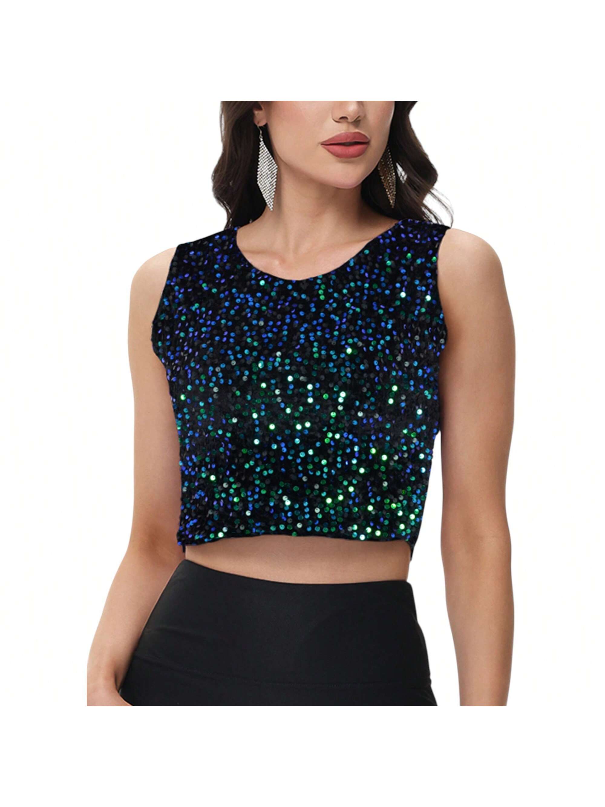 Women's Sequin Sleeveless Tops Sparkle Glitter Crew Neck Club Party Nightout Cro - Picture 31 of 33