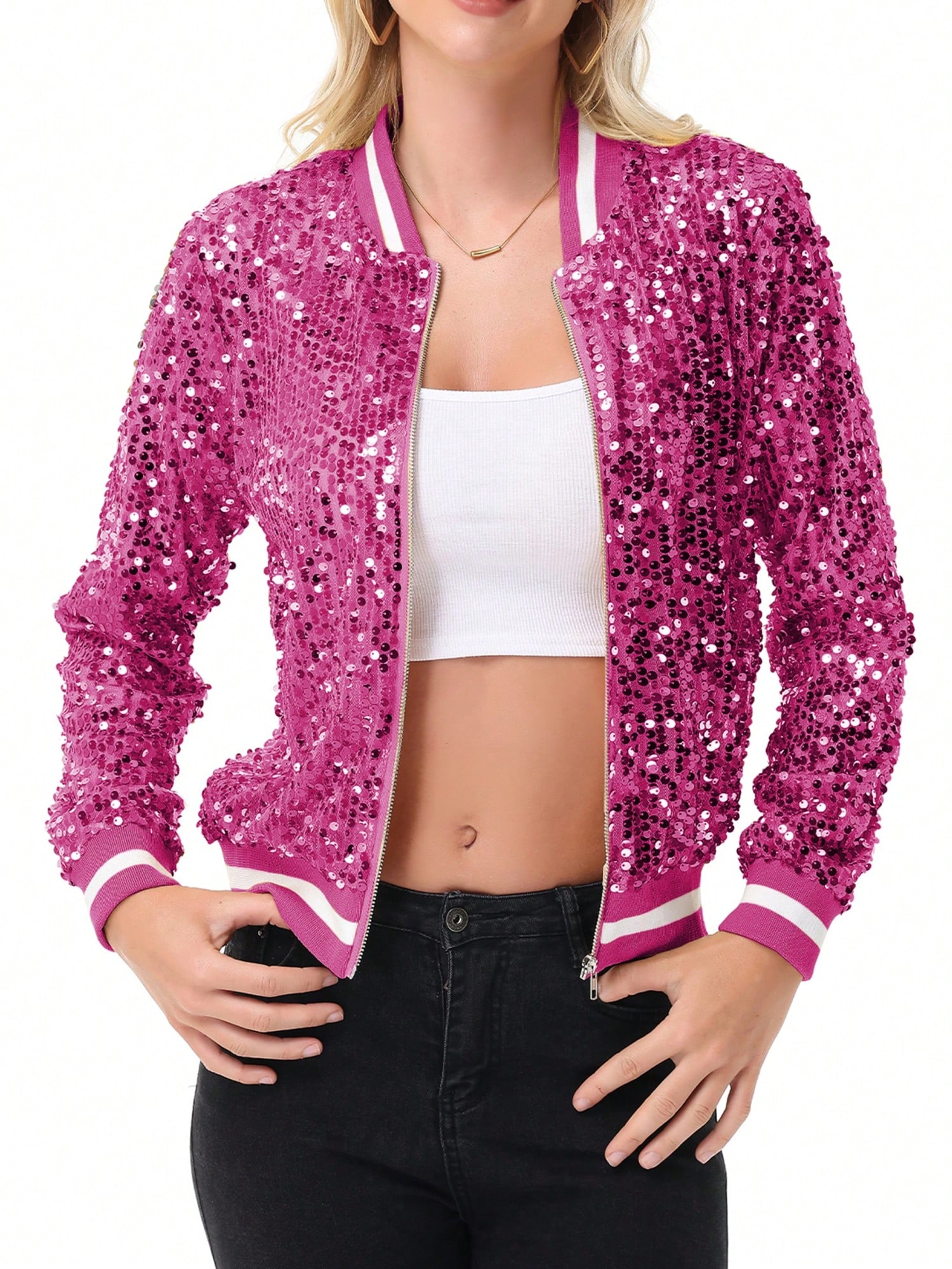 Women's Sparkly Sequin Jacket Long Sleeve Zipper Glitter Bomber Jacket Coat With - Picture 32 of 35